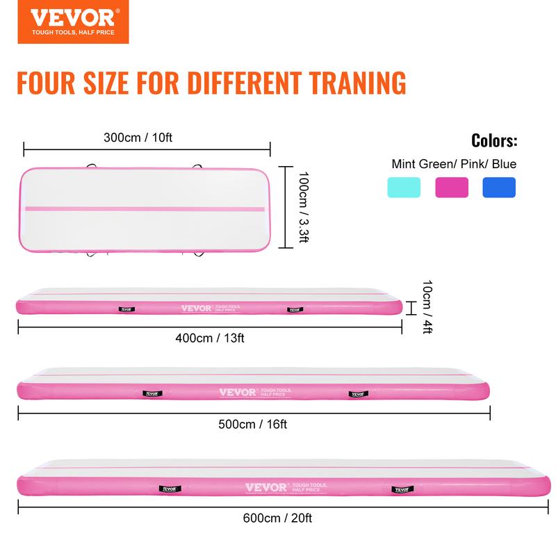 VEVOR Gymnastics Air Mat, 4 inch Thickness Inflatable Gymnastics Tumbling Mat, Tumble Track with Electric Pump, Training Mats for Home Use Gym Yoga Cheerleading Beach Park Water, 16 ft, Pink