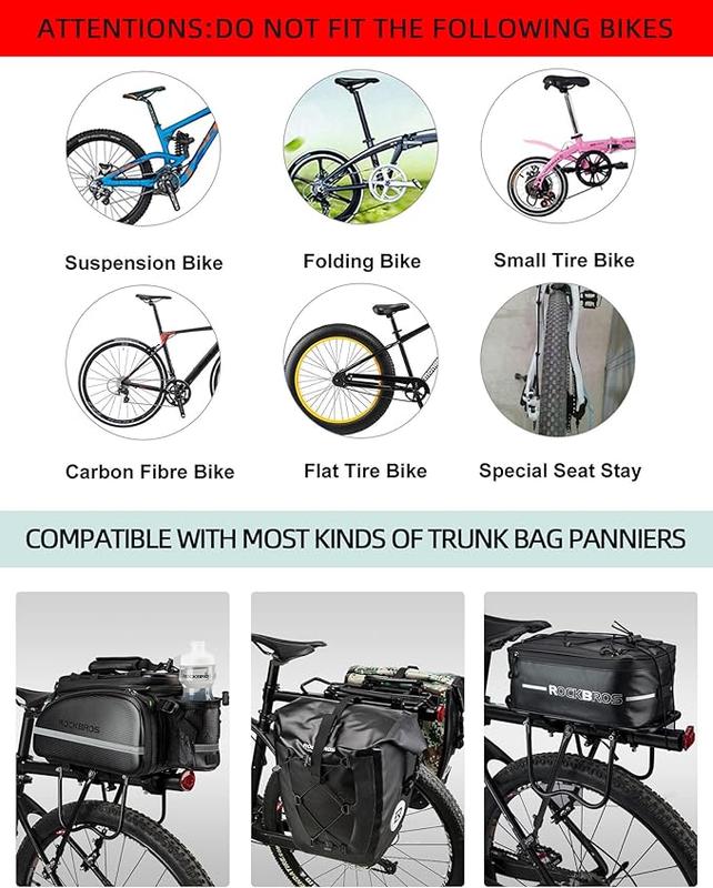 ROCKBROS Rear Bike Rack Bike Cargo Rack Adjustable Bicycle Luggage Carrier Rack Rear Quick Release Mountain Bike Pannier Rack with Elastic Band and Reflector, Most 165 lbs Capacity