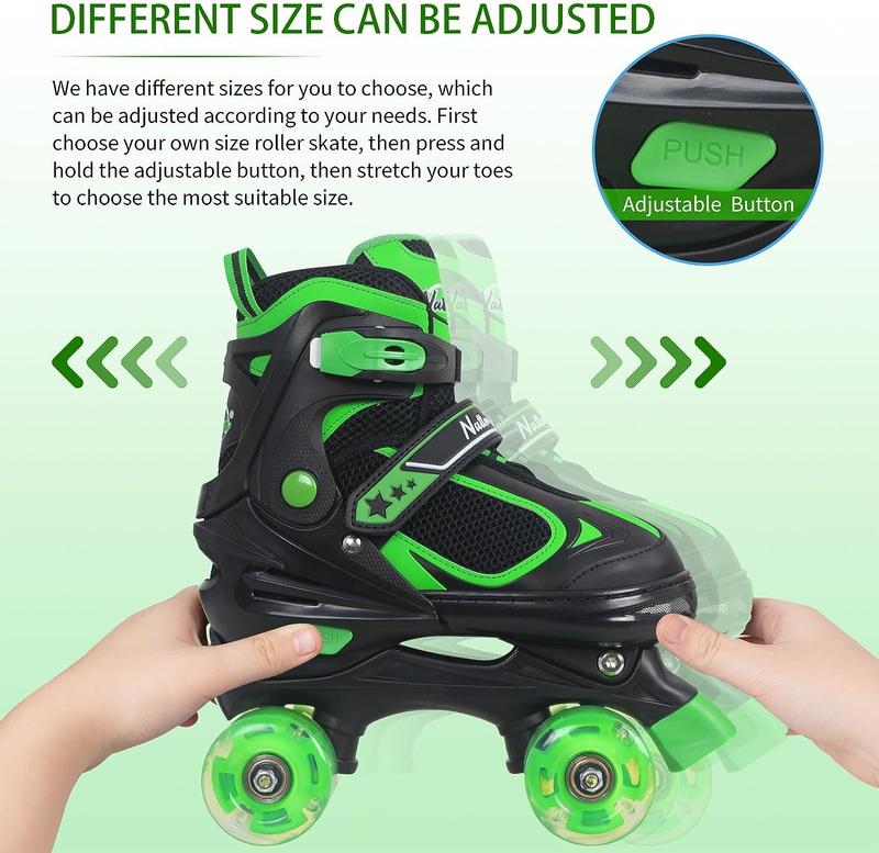 Nattork Adjustable Roller Skates for Kids - Green - Model 139 - Light-up wheels