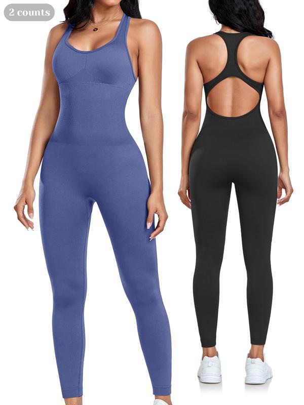 Women's Solid Backless Scoop Neck Sports Jumpsuit, Casual Sporty Seamless Sleeveless Jumpsuit for Yoga Gym Workout, Ladies Sportswear for All Seasons