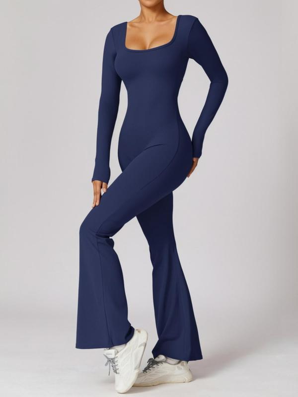 Women's Solid Cut Out Backless Ruched Flare Leg Sports Jumpsuit, Sporty Scoop Neck Long Sleeve Tummy Control Jumpsuit for Yoga Gym Workout, Ladies Sportswear for All Seasons