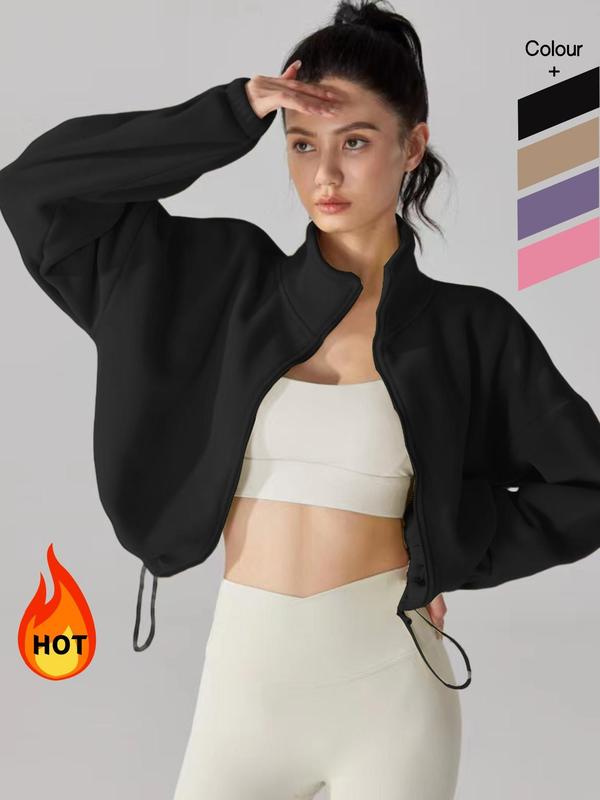 Women's Solid Color Zip Up Thermal Lined Sports Sweatshirt, Casual Drop Shoulder Long Sleeve Stand Collar Outerwear for Yoga Gym Workout, Ladies Sportswear for Fall & Winter