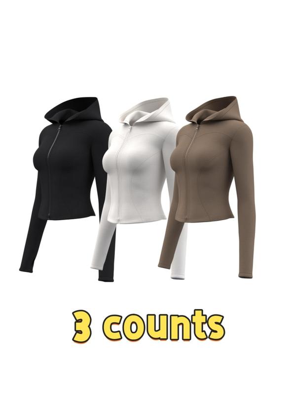 Women's Solid Zip Up Hooded Sports Jacket, Sporty Long Sleeve Thumb Hole Outerwear for Yoga Gym Workout, Ladies Sportswear for All Seasons