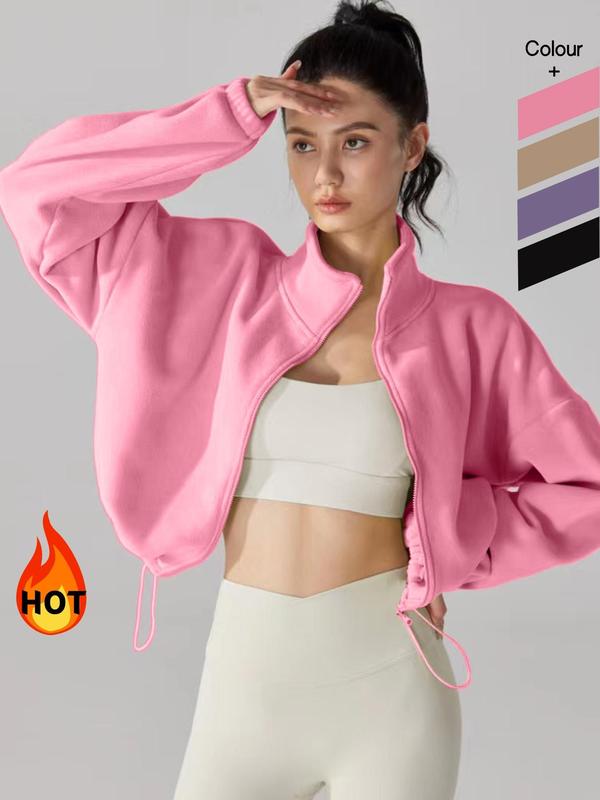 Women's Solid Color Zip Up Thermal Lined Sports Sweatshirt, Casual Drop Shoulder Long Sleeve Stand Collar Outerwear for Yoga Gym Workout, Ladies Sportswear for Fall & Winter