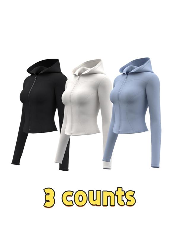 Women's Solid Zip Up Hooded Sports Jacket, Sporty Long Sleeve Thumb Hole Outerwear for Yoga Gym Workout, Ladies Sportswear for All Seasons