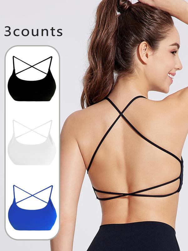 Women's Solid Criss Cross Backless Sports Bra, Breathable Comfortable Wireless Sports Bra, Ladies Sportswear for Indoor Outdoor Wear