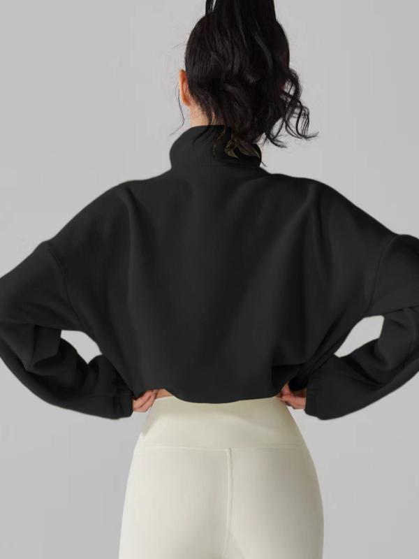 Women's Solid Color Zip Up Thermal Lined Sports Sweatshirt, Casual Drop Shoulder Long Sleeve Stand Collar Outerwear for Yoga Gym Workout, Ladies Sportswear for Fall & Winter