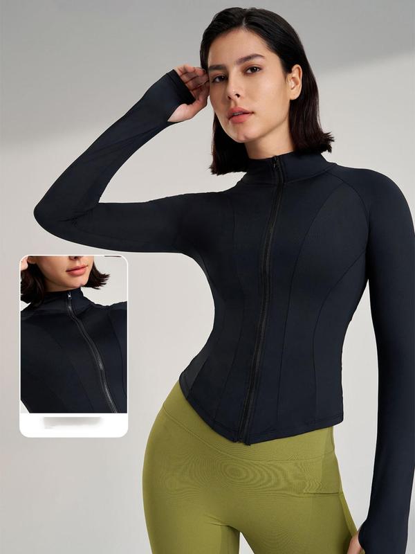 Women's Plain Zip Up Raglan Sleeve Sports Gym Jacket, BBL Jacket, Sporty Thumb Hole Stand Collar Outerwear for Yoga Gym Workout Running, Ladies Sportswear Clothing for All Seasons, Fall Outfits, Fallfreshness