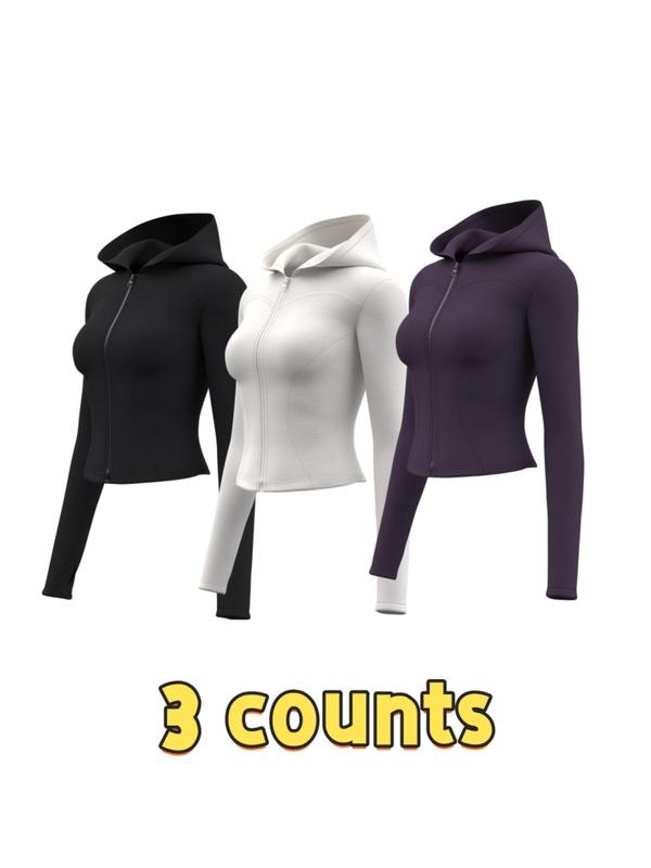 Women's Solid Zip Up Hooded Sports Jacket, Sporty Long Sleeve Thumb Hole Outerwear for Yoga Gym Workout, Ladies Sportswear for All Seasons