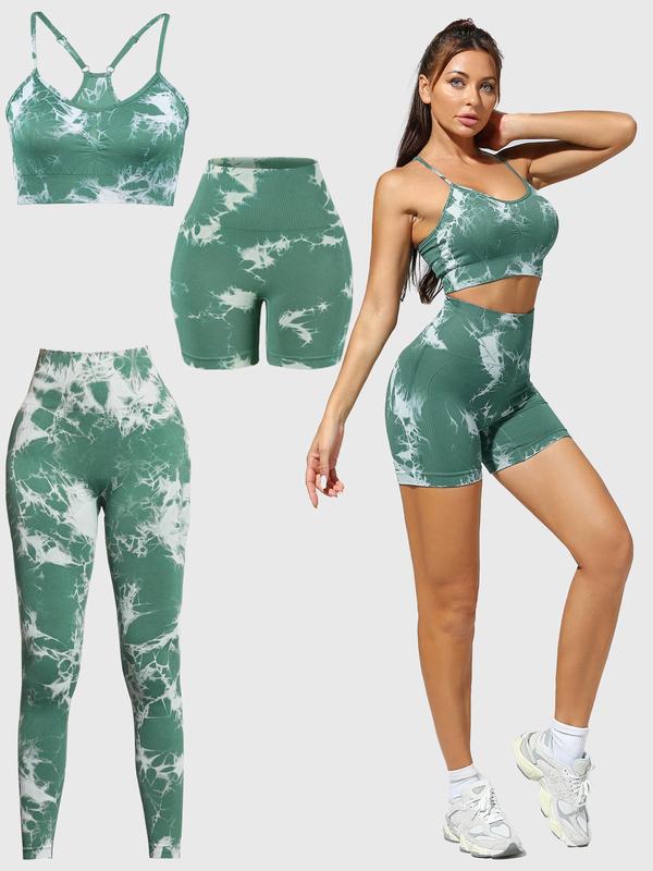 Three-piece Set Women's Tie Dye Print Tracksuit Set, Casual Sports Bra & High Waist Leggings & Biker Shorts, Ladies Sportswear for Yoga Gym Workout