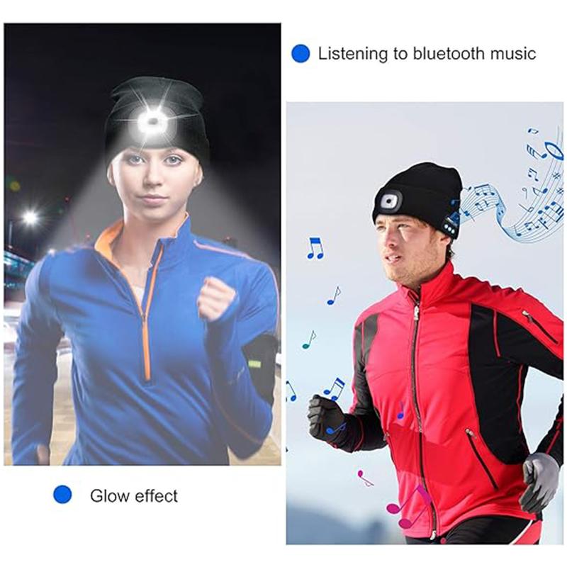 Cap With Light,USB Rechargeable LED Light Cap,Wireless Winter Warm Knitted Cap With Music Earphones For Night Walking, Fishing, Camping,And Hunting,Creative Gift For Halloween Christmas New Year