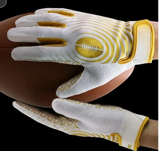 Youth Football Gloves, Sticky Wide Receiver Gloves for Kids & Adult, White and Gold Stretch Fit Football Gloves, Medium