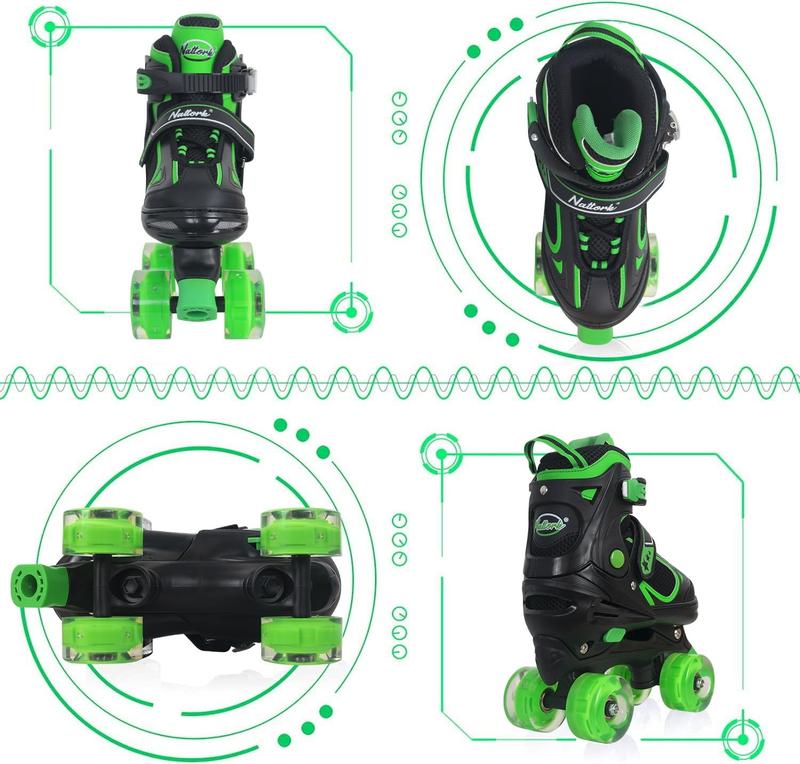 Nattork Adjustable Roller Skates for Kids - Green - Model 139 - Light-up wheels