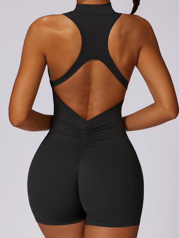 Cut Out Backless Ruched Sports Tummy Control Romper for Women, Gym Clothing, Sporty Casual Sleeveless Zipper Mock Neck Bodysuit for Yoga Gym Workout Running, Sport Tank Onesies, Overalls Tummy Flattering Romper, Ladies Sportswear, Minimalistic Outfit