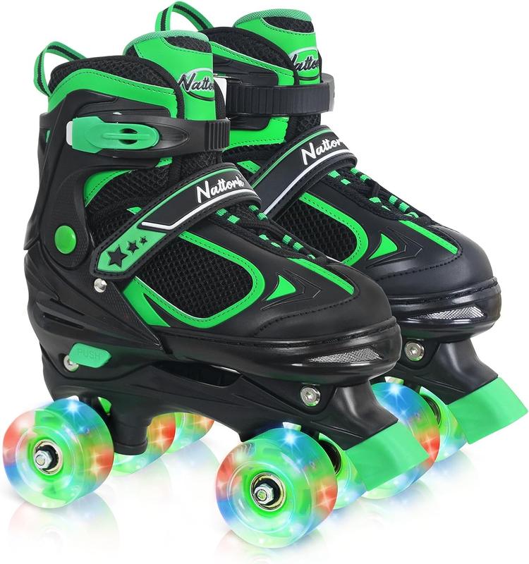 Nattork Adjustable Roller Skates for Kids - Green - Model 139 - Light-up wheels