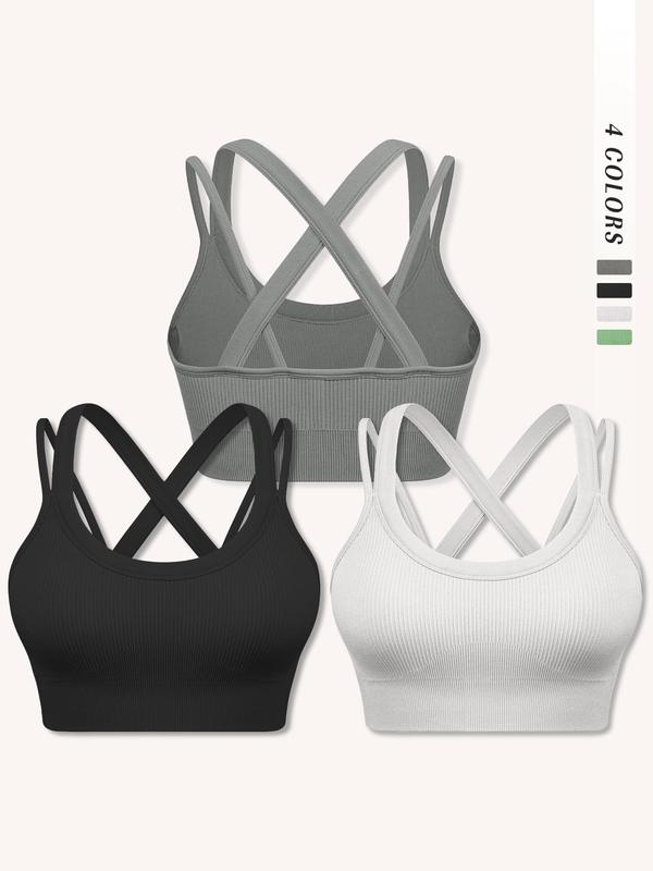 Women's Solid Color Criss Cross Back Wireless Sports Bra, Breathable Comfortable Ribbed Seamless Medium Support Yoga Bra, Workout Sets Women, Ladies Sportswear for Indoor Outdoor Wear