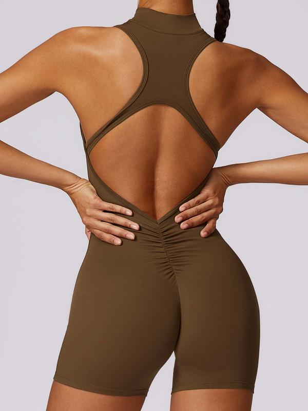 Cut Out Backless Ruched Sports Tummy Control Romper for Women, Gym Clothing, Sporty Casual Sleeveless Zipper Mock Neck Bodysuit for Yoga Gym Workout Running, Sport Tank Onesies, Overalls Tummy Flattering Romper, Ladies Sportswear, Minimalistic Outfit