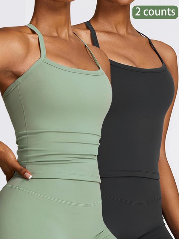 Women's Solid Backless Cami Sports Vest, Casual Cut Out Spaghetti Strap Sleeveless Top, Running Vest Ladies Sportswear for Gym Workout Running Cycling