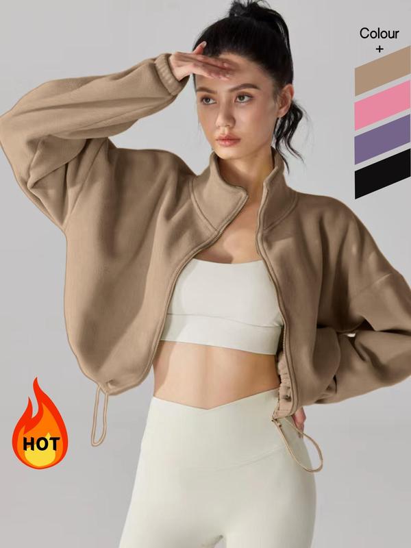 Women's Solid Color Zip Up Thermal Lined Sports Sweatshirt, Casual Drop Shoulder Long Sleeve Stand Collar Outerwear for Yoga Gym Workout, Ladies Sportswear for Fall & Winter