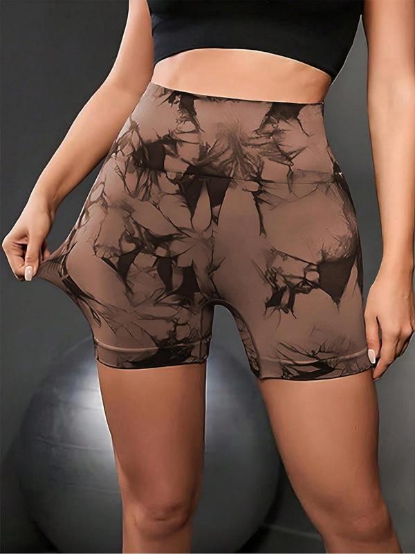 Women's Tie Dye Print High Waist Sports Shorts, Gym Shorts, Casual Ruched Seamless Skinny Shorts, Ladies Sportswear for Yoga Gym Workout Running