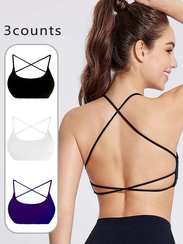 Women's Solid Criss Cross Backless Sports Bra, Breathable Comfortable Wireless Sports Bra, Ladies Sportswear for Indoor Outdoor Wear