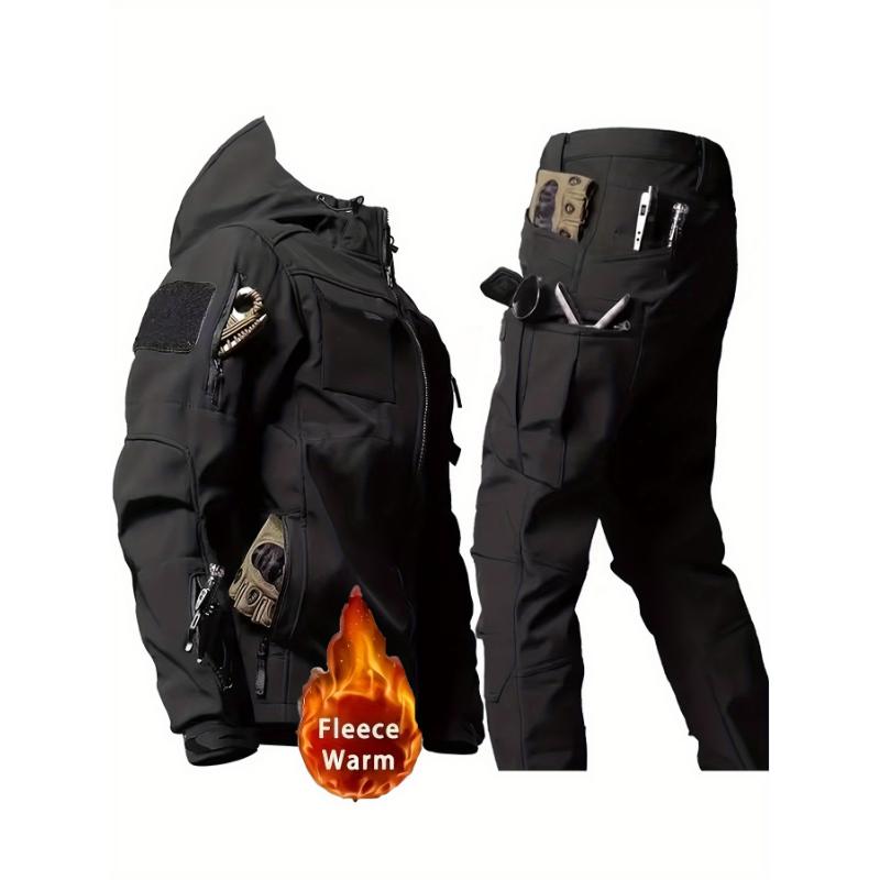 Men's Tactical Gear Set - Durable Hooded Jacket & Pants with Multiple Pockets, Waterproof Fleece-Lined for Warmth, Perfect for Outdoor Activities