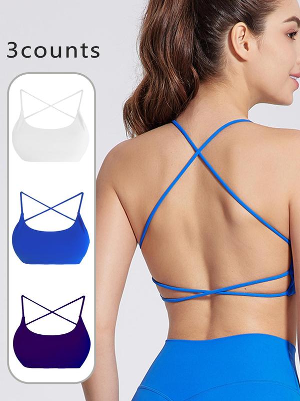 Women's Solid Criss Cross Backless Sports Bra, Breathable Comfortable Wireless Sports Bra, Ladies Sportswear for Indoor Outdoor Wear