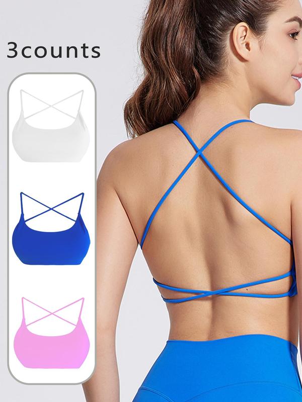 Women's Solid Criss Cross Backless Sports Bra, Breathable Comfortable Wireless Sports Bra, Ladies Sportswear for Indoor Outdoor Wear