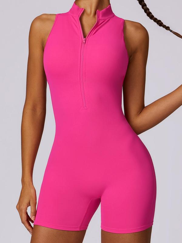 Cut Out Backless Ruched Sports Tummy Control Romper for Women, Gym Clothing, Sporty Casual Sleeveless Zipper Mock Neck Bodysuit for Yoga Gym Workout Running, Sport Tank Onesies, Overalls Tummy Flattering Romper, Ladies Sportswear, Minimalistic Outfit