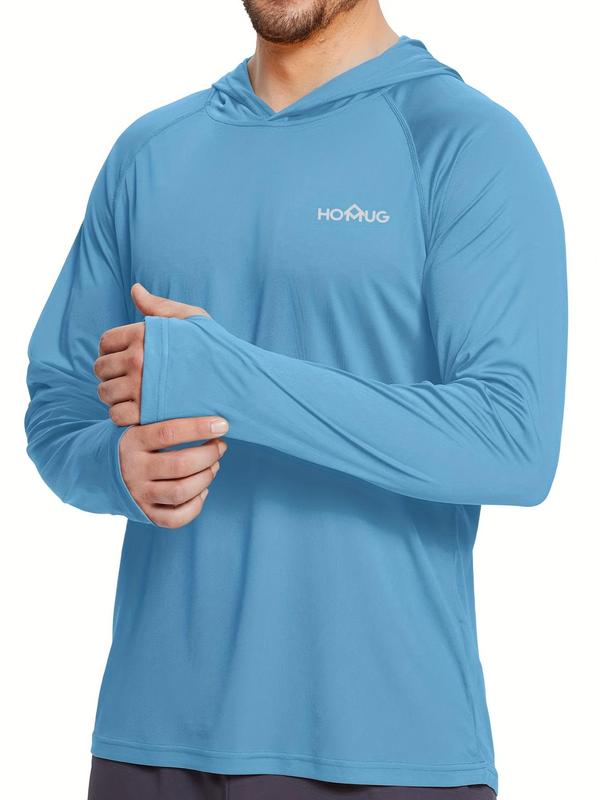 Men's Loose Letter Print Long Sleeve Hooded Rashguard, Quick Dry  Sport Shirt, Lightweight Sun Protection Thumb Holes Top for Outdoor Activities, Workout Tops, Men's Sport & Outdoor Clothing for Fall & Winter, Gym Clothing