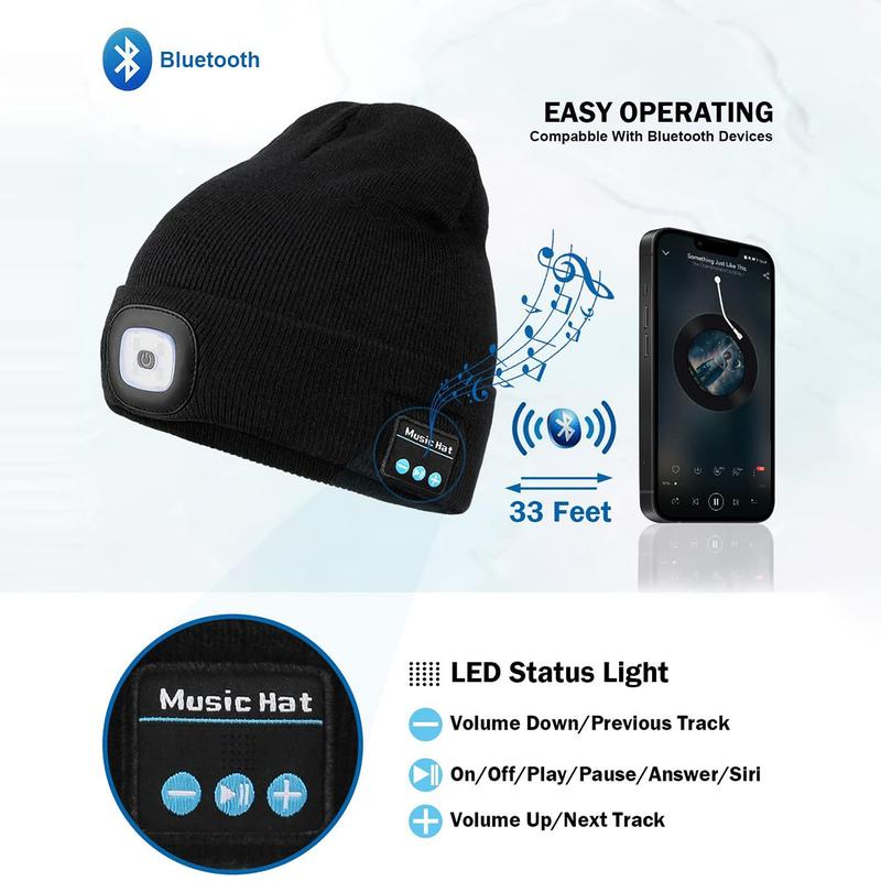 Cap With Light,USB Rechargeable LED Light Cap,Wireless Winter Warm Knitted Cap With Music Earphones For Night Walking, Fishing, Camping,And Hunting,Creative Gift For Halloween Christmas New Year