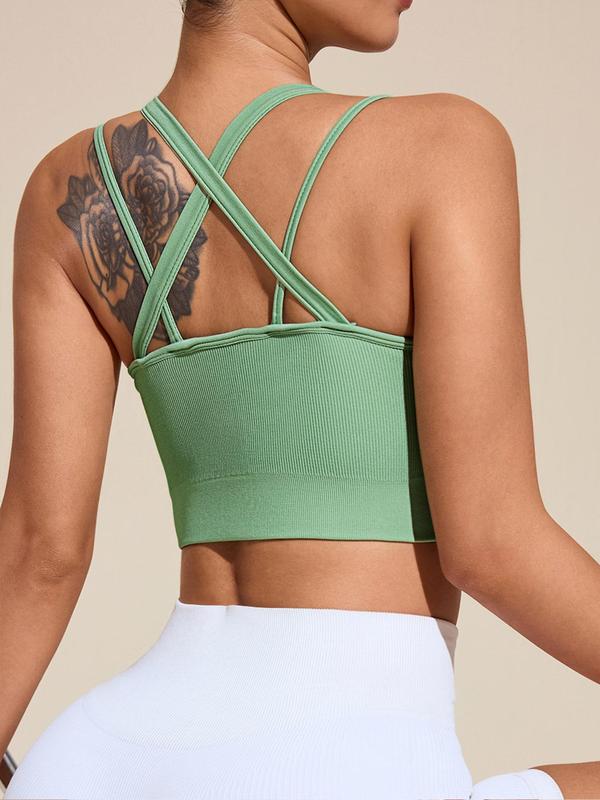 Women's Solid Color Criss Cross Back Wireless Sports Bra, Breathable Comfortable Ribbed Seamless Medium Support Yoga Bra, Workout Sets Women, Ladies Sportswear for Indoor Outdoor Wear