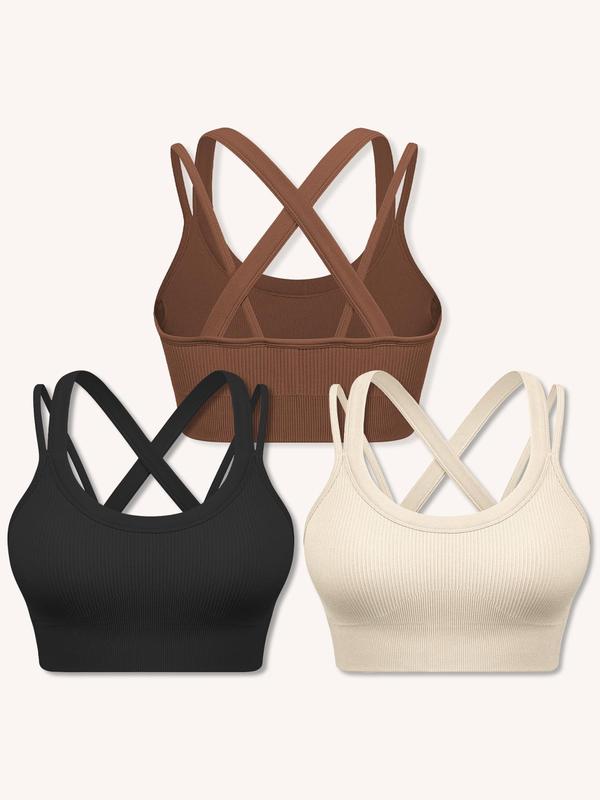 Women's Solid Color Criss Cross Back Wireless Sports Bra, Breathable Comfortable Ribbed Seamless Medium Support Yoga Bra, Workout Sets Women, Ladies Sportswear for Indoor Outdoor Wear