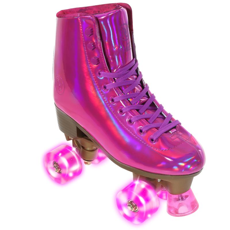 JajaHoho Roller Skates for Women, Magenta Holographic High Top PU Leather Rollerskates, Shiny Double-Row Four Barbie Pink Fushcia Wheels Quad Skates for Girls and Age 8-50 Indoor Outdoor (Plum)