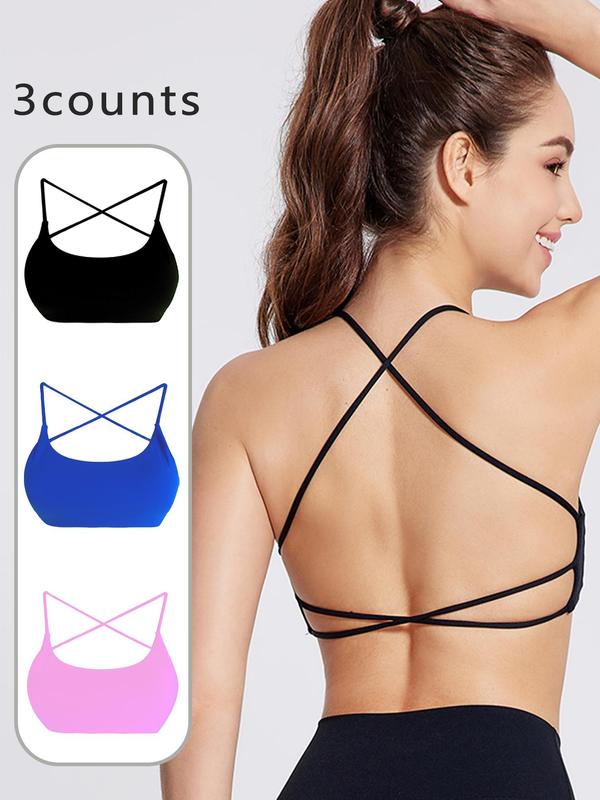 Women's Solid Criss Cross Backless Sports Bra, Breathable Comfortable Wireless Sports Bra, Ladies Sportswear for Indoor Outdoor Wear