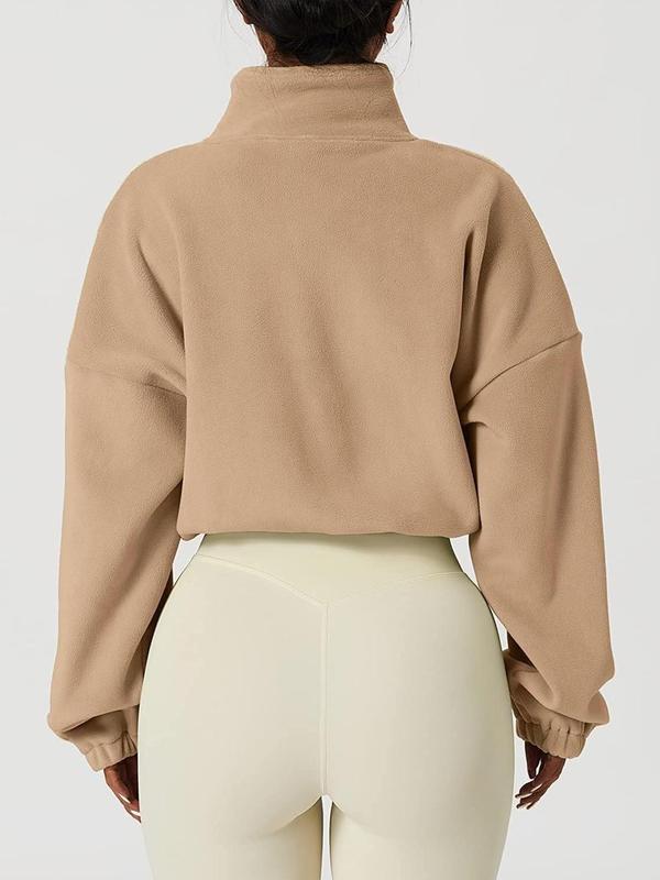 Women's Solid Color Zip Up Thermal Lined Sports Sweatshirt, Casual Drop Shoulder Long Sleeve Stand Collar Outerwear for Yoga Gym Workout, Ladies Sportswear for Fall & Winter