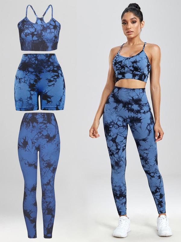 Three-piece Set Women's Tie Dye Print Tracksuit Set, Casual Sports Bra & High Waist Leggings & Biker Shorts, Ladies Sportswear for Yoga Gym Workout