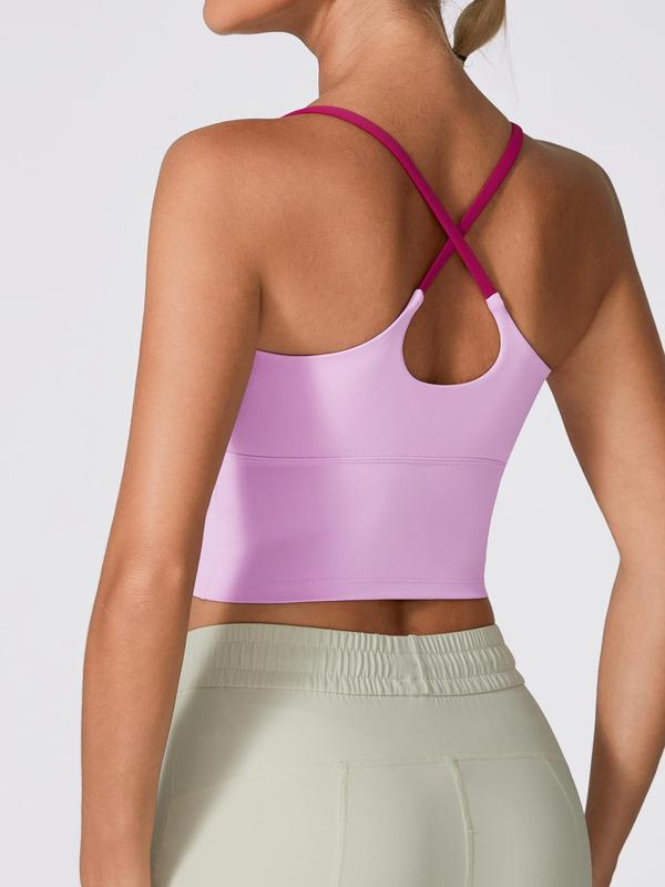 Women's Colorblock Criss Cross Backless Crop Sports Vest, Sporty Casual Breathable Comfortable Scoop Neck Sleeveless Top for Yoga Gym Workout Running Cycling, Ladies Sportswear Clothing for Summer