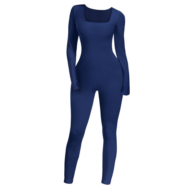 SeSe Code Women's Solid Ribbed Long Sleeve Jumpsuits With Thumbhole Yoga Workout Sport Jumpsuit