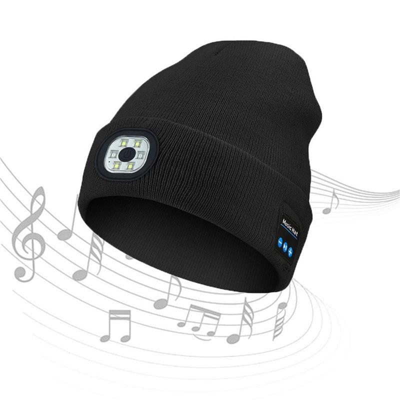 Cap With Light,USB Rechargeable LED Light Cap,Wireless Winter Warm Knitted Cap With Music Earphones For Night Walking, Fishing, Camping,And Hunting,Creative Gift For Halloween Christmas New Year