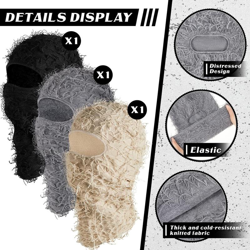 3 count Distressed Balaclava Full Face Ski Mask Cool Knitted Balaclava Windproof Ski Mask for Men Women Cold Weather