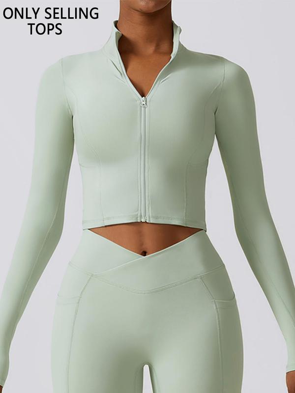 Women's Solid Zip Up Crop Sports Jacket, Long Sleeve Stand Collar Outerwear for Yoga Gym Workout, Gym Clothes, Ladies Sportswear for Fall & Winter