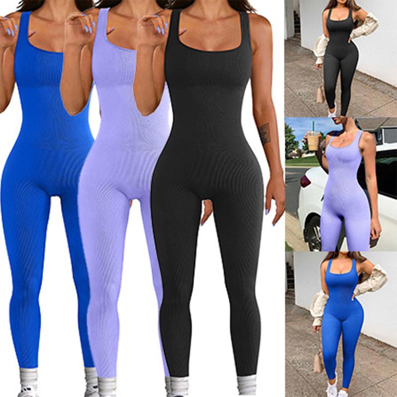 Womens Workout Rompers Jumpsuits Seamless Ribbed Yoga Gym One Piece Sleeveless Square Neck Tank Top Leggings Unitard