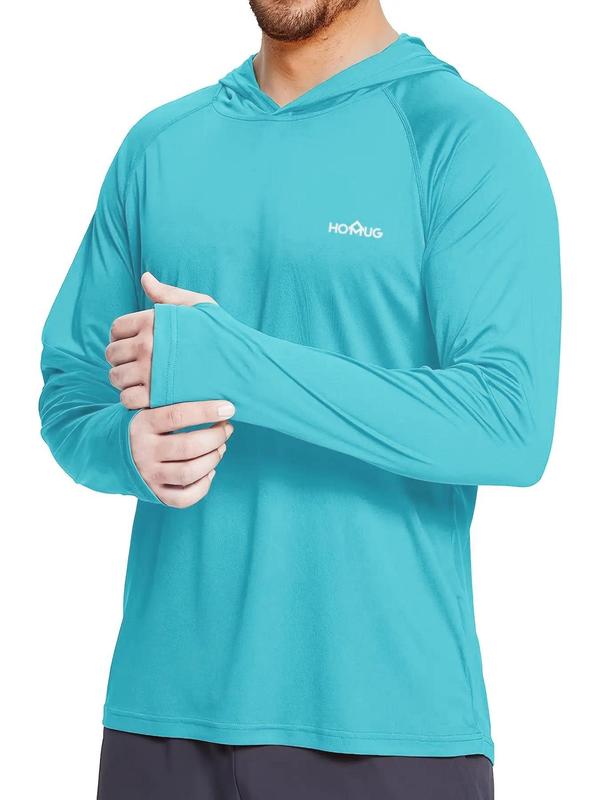 Men's Loose Letter Print Long Sleeve Hooded Rashguard, Quick Dry  Sport Shirt, Lightweight Sun Protection Thumb Holes Top for Outdoor Activities, Workout Tops, Men's Sport & Outdoor Clothing for Fall & Winter, Gym Clothing