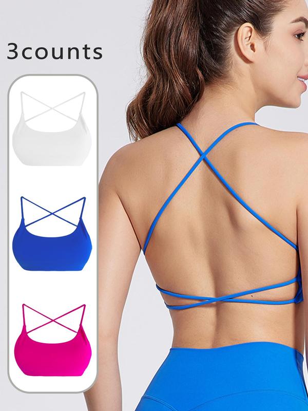 Women's Solid Criss Cross Backless Sports Bra, Breathable Comfortable Wireless Sports Bra, Ladies Sportswear for Indoor Outdoor Wear