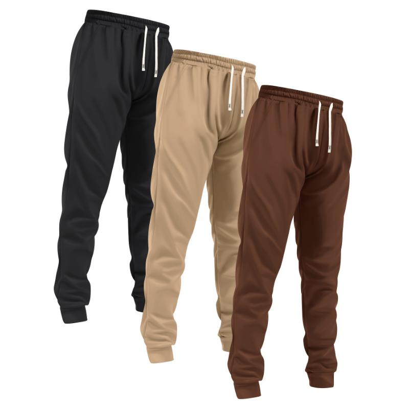 3pcs Men's Solid Jogger Sweatpants With Drawstring, Pockets, Regular Fit, Versatile And Comfy