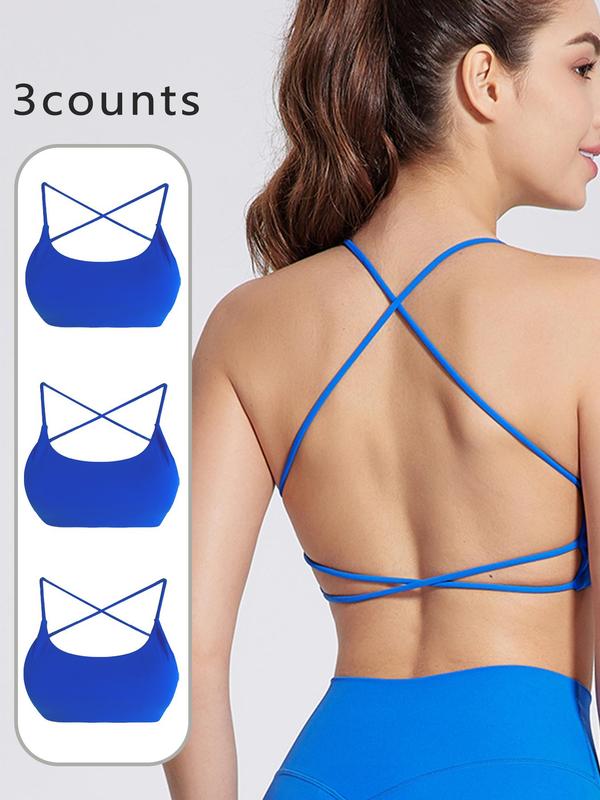 Women's Solid Criss Cross Backless Sports Bra, Breathable Comfortable Wireless Sports Bra, Ladies Sportswear for Indoor Outdoor Wear