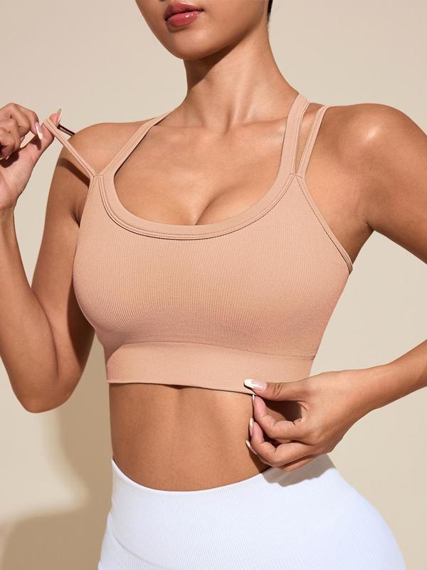 Women's Solid Color Criss Cross Back Wireless Sports Bra, Breathable Comfortable Ribbed Seamless Medium Support Yoga Bra, Workout Sets Women, Ladies Sportswear for Indoor Outdoor Wear