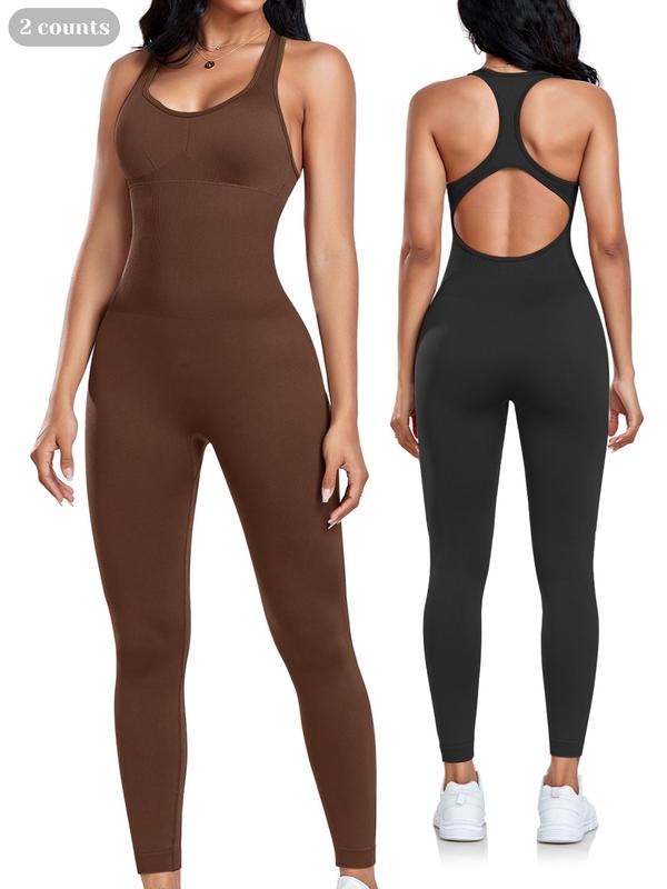 Women's Solid Backless Scoop Neck Sports Jumpsuit, Casual Sporty Seamless Sleeveless Jumpsuit for Yoga Gym Workout, Ladies Sportswear for All Seasons