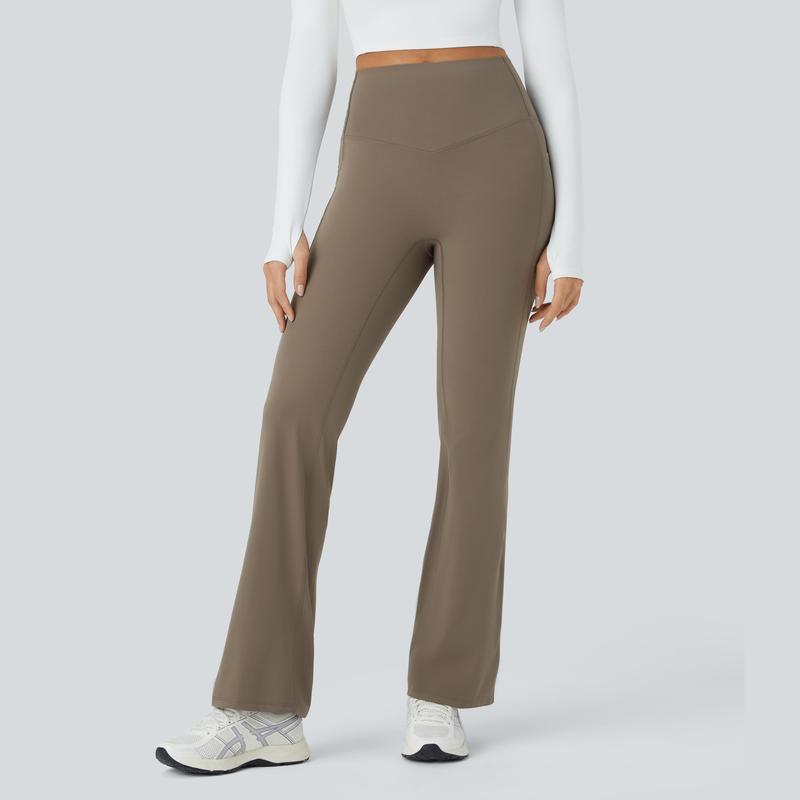 Halara SoCinched High Waisted Tummy Control Side Pocket Crossover Ruched Shaping Yoga UltraSculpt Slight Flare Leggings